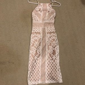 PRIMROSE NUDE AND WHITE LACE BODYCON MIDI DRESS